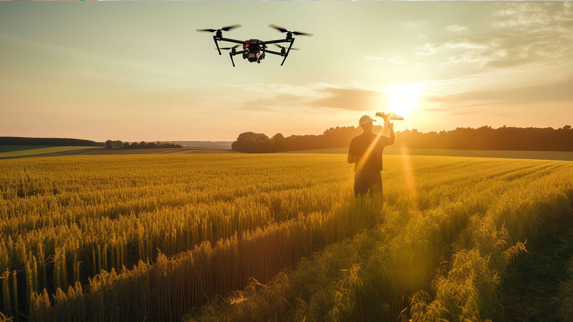 A farmer flying a drone over their crops at sunset