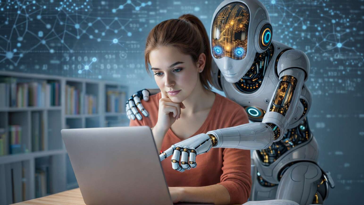 AI generated young woman at desk with laptop with AI robot looking over her shoulder