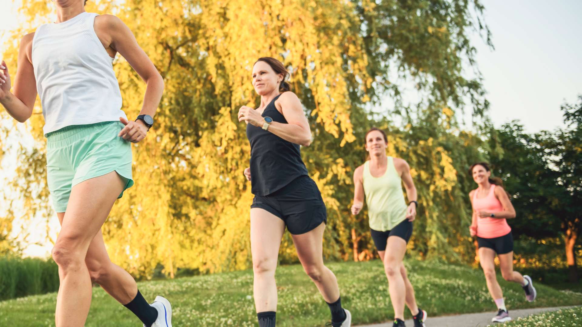 The females in sportswear jogging together bright sunny park in summer