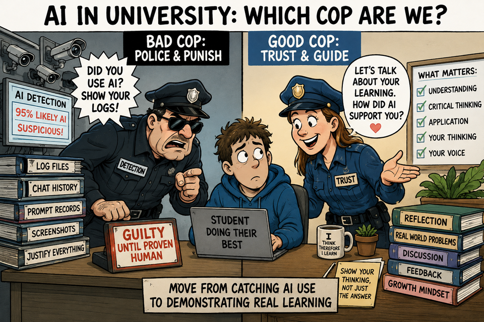 An AI generated cartoon image with a good and bad cop and a student doing their best at a laptop
